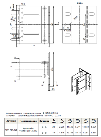 Кронштейн усиленный 125 мм. (в сборе) KDK-751.125 Doksal, без покрытия